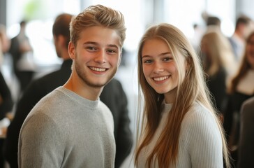 Two teen man and woman businesspeople are smiling and conversing at a corporate event, both wearing lanyards exhibition card. The background is blurred of trade show event.