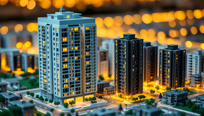 City skyline at night, miniature effect, tilt-shift photography, glowing windows, high-rise buildings, urban landscape, bokeh lights, detailed architectural models, warm color tones, cityscape diorama