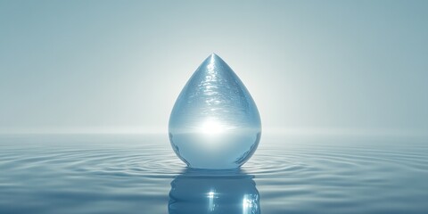 A single water droplet rests on calm water