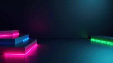 Obraz premium Abstract Neon Glowing Platforms in Dark Room, Ideal for Product Displays or Futuristic Backgrounds