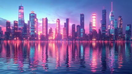 Obraz premium 1 Explore a kaleidoscope cityscape, with neon skyscrapers reflecting in rippling waters, mirroring the vibrant energy of a bustling metropolis, in a digital, cyberpunk style