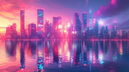 Fototapeta premium 1 Explore a kaleidoscope cityscape, with neon skyscrapers reflecting in rippling waters, mirroring the vibrant energy of a bustling metropolis, in a digital, cyberpunk style
