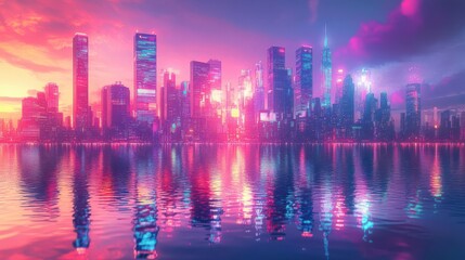Fototapeta premium 1 Explore a kaleidoscope cityscape, with neon skyscrapers reflecting in rippling waters, mirroring the vibrant energy of a bustling metropolis, in a digital, cyberpunk style
