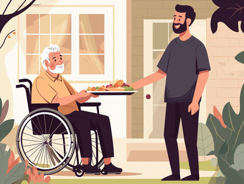 A man brings a meal on a tray for an elderly person, who is sitting in a wheelchair.  providing care concept