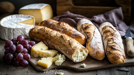 Delicious Crusty Baguettes with Cheese and Grapes Rustic Food Photography Wine Life Bread Table     