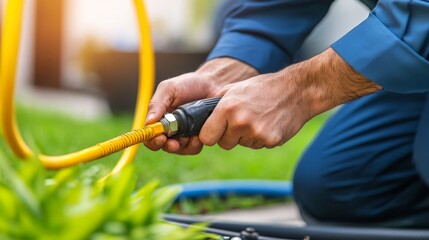 Close-up of a person connecting a garden hose, surrounded by greenery in a sunny outdoor setting