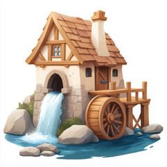 charming watermill with wooden wheel, flowing water, and rustic design