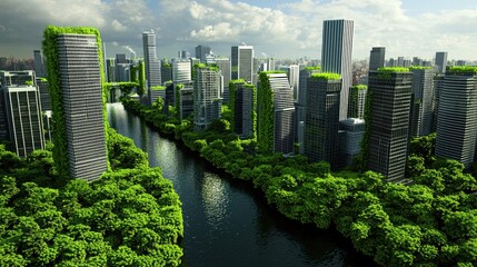 Obraz premium Modern Cityscape with Lush Greenery Along Serene Waterway