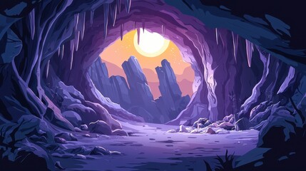 Fototapeta premium Mystical Cave Entrance Reveals Sunset and Purple Rock Formations