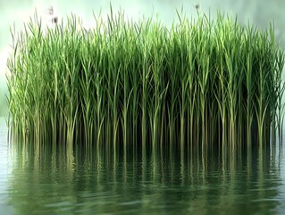 Obraz premium Lush green grass growing in calm water, creating a serene and tranquil atmosphere. The vibrant hues reflect nature's beauty and peace.
