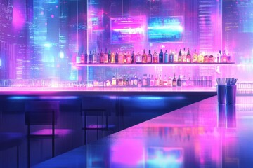 Neon Cityscape Bar Interior Night Scene