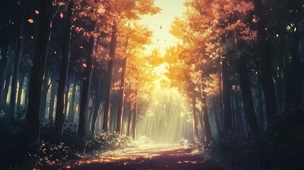 Fototapeta premium A serene forest path illuminated by warm autumn light, inviting exploration and tranquility.
