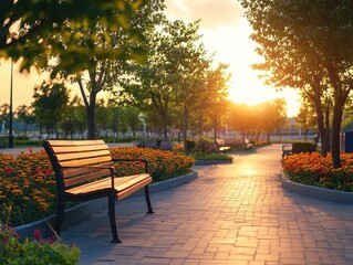Beautiful park pathway illuminated by warm sunlight in the early evening.