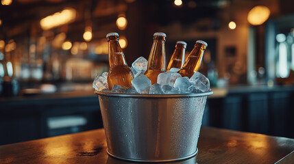 Bottles of cold beer in an ice bucket at the bar
