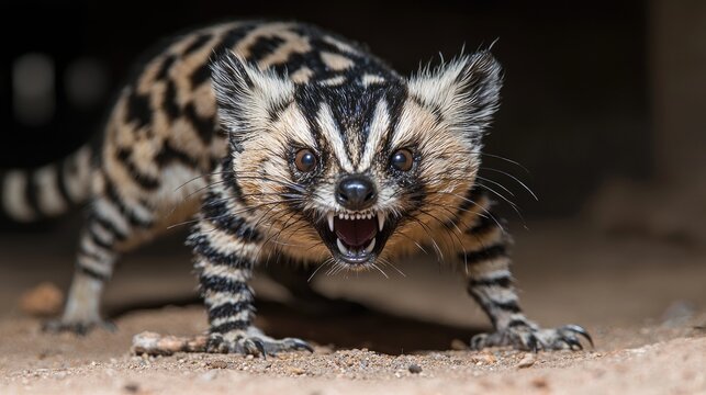Aggressive banded linsang snarling and showing its teeth on the dirt ground of a dark den.