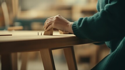 Obraz premium Craftsperson assembling wooden furniture in a workshop, showcasing skill and creativity in action
