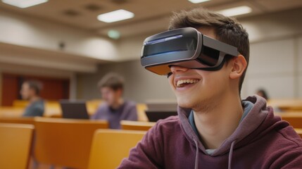 A student using augmented reality (AR) glasses to attend virtual lectures and collaborate on digital projects in a simulated university campus environment, AR educational collaboration theme