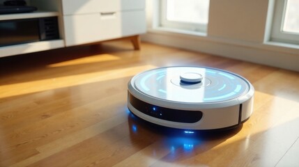 Fototapeta premium A futuristic robotic floor cleaner rests on a polished hardwood floor, bathed in sunlight filtering through a nearby window.