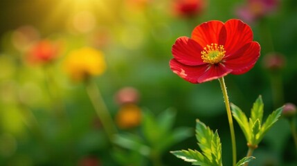 Vibrant Red Flower in a Sunlit Garden Meadow with Soft Focus Background