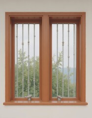 Obraz premium Ornate wooden window with metallic bars framing a misty natural vista