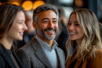 Obraz premium A businessman, dressed professionally, interacts with colleagues at a bustling conference, embodying confidence and collaboration.
