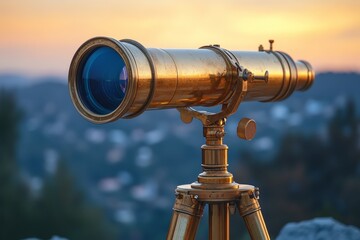 Vintage Brass Telescope on Wooden Tripod Under Clear Sky for Stargazing and Exploration