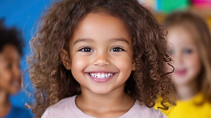 Happy Little Girl with Curly Hair Smiling in Preschool Setting