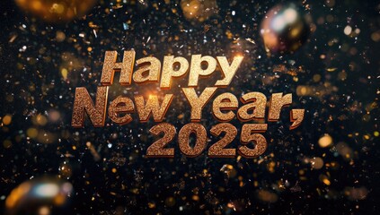 Festive celebration with golden text saying 'Happy New Year, 2025' amidst sparkling confetti