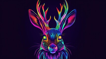Naklejka premium Rainbow Hare, Antlers, Dark Background, Fantasy Art, Digital