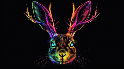 Rainbow Hare Portrait, Mystical, Dark Background, Fantasy Art