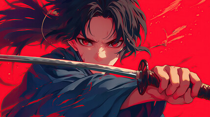 close up samurai with a sword in red background