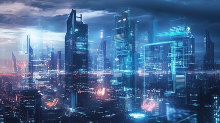 Fototapeta premium Digital painting of a futuristic city skyline where global trade is visualized through holographic projections and AI-driven infographics.