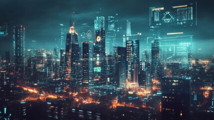 Obraz premium Digital painting of a futuristic city skyline where global trade is visualized through holographic projections and AI-driven infographics.