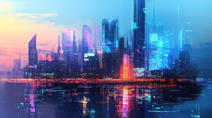 Fototapeta premium Digital painting of a futuristic city skyline where global trade is visualized through holographic projections and AI-driven infographics.