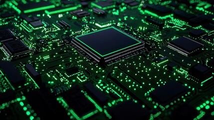 Close-Up View of a Circuit Board with Bright Green LED Lights