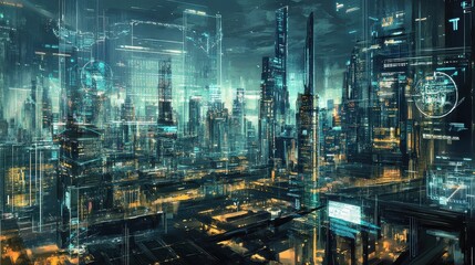 Naklejka premium Digital painting of a futuristic city skyline where global trade is visualized through holographic projections and AI-driven infographics.