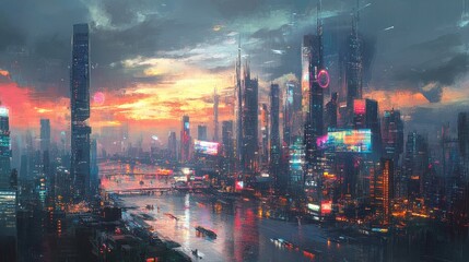 Fototapeta premium Digital painting of a futuristic city skyline where global trade is visualized through holographic projections and AI-driven infographics.