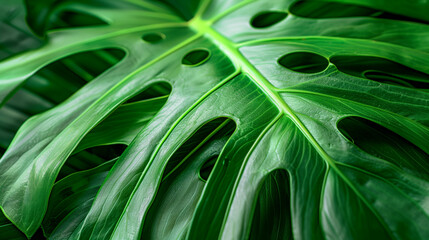 Close-up of vibrant green monstera leaves with dewdrops