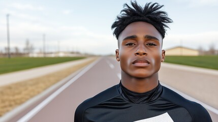 Young athlete posing confidently on a running track, wearing a black sports top with a determined expression.