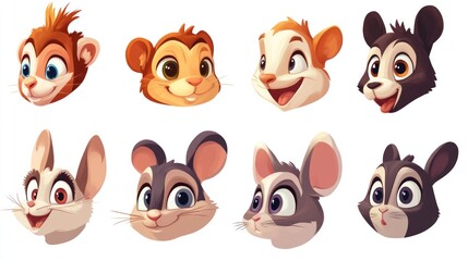 Fototapeta premium Cute cartoon animal faces; joyful expressions; white background; children's book illustration