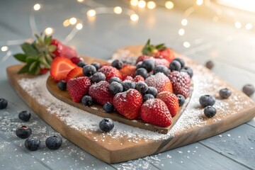 A heart-shaped arrangement of fresh strawberries and blueberries with a dusting of powdered sugar. The background solid white with textures blurred bokeh of sunlight
