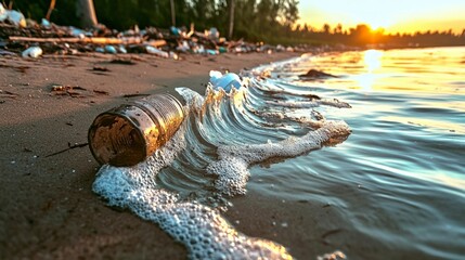 Ocean Pollution  Plastic Waste on Sandy Beach at Sunset