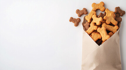 brown paper bag full of dog bone shaped cookies on white background