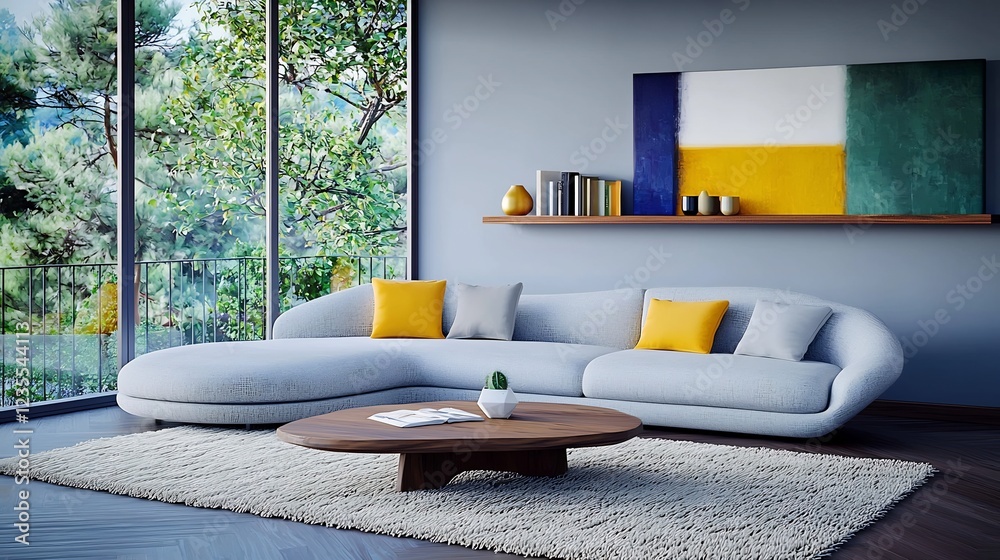 Sticker Modern living room featuring a curved sofa, decorative pillows, and a vibrant artwork backdrop