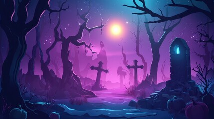 Eerie Halloween graveyard scene with glowing stone, crosses, and spectral figures.