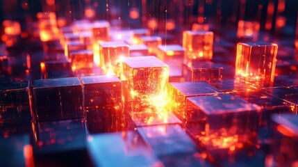 Obraz premium Futuristic domino cascade of glowing crystal tiles, causing explosive energy, hyper-realistic CG 3D art