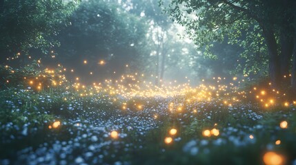 Forest illuminated by numerous lights creating a magical and enchanting atmosphere at night