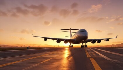 Fototapeta premium Airplane approaching airport during golden hour light, airplane in golden hour, warm glow on airfield