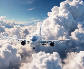 Fototapeta premium Airplane breaking through the front of thick white clouds, turbulence detection, engine power, wing angle