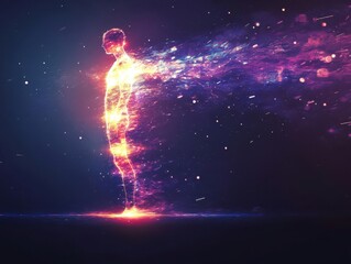 Obraz premium Render a side view of an individual silhouette turning into radiant energy